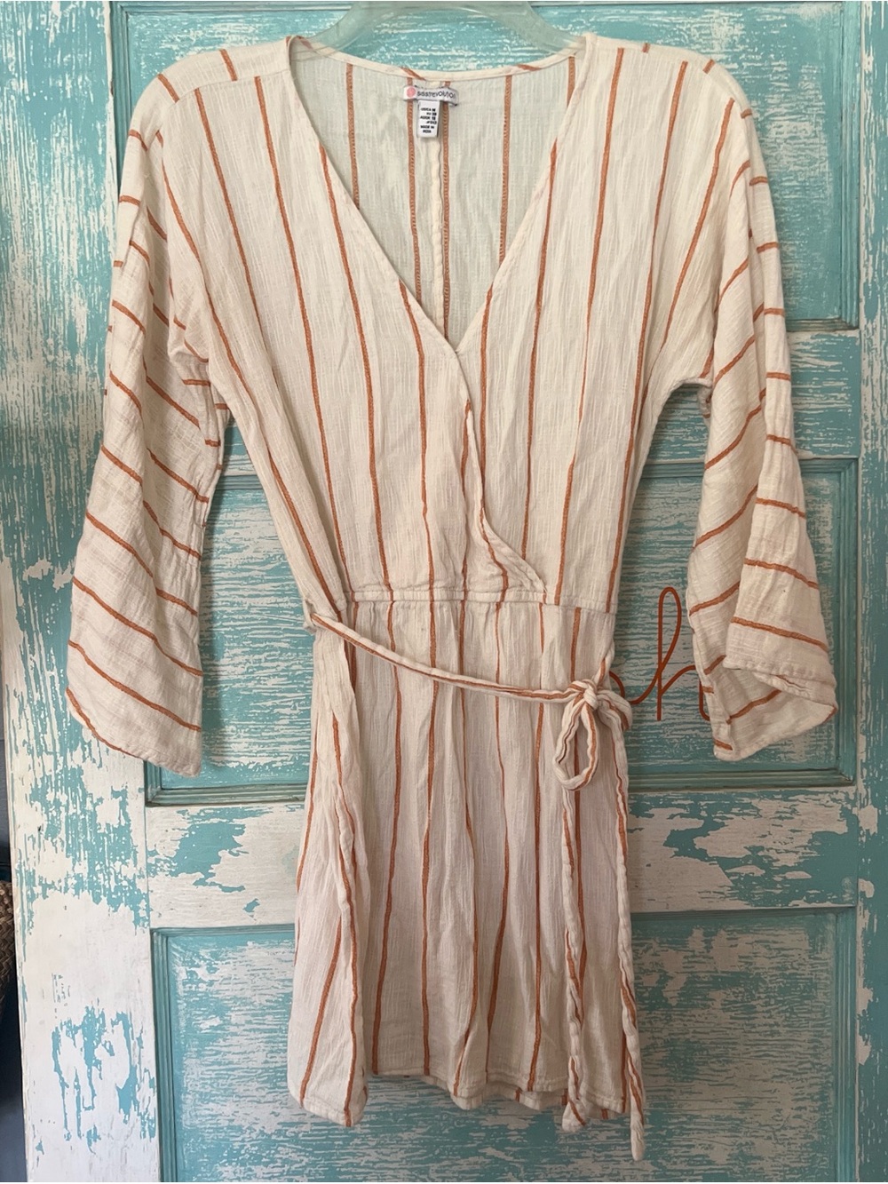 Sisstrevolution beach cotton linen Wrap Dress in Cream w Orange Stripes surfer G